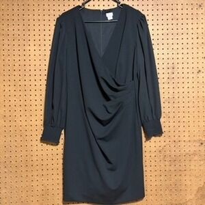 Chico's Faux Wrap Dress 2 L Black Ruched V-Neck Long Sleeve Cocktail Career LBD